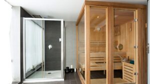 A sauna steam room installed in a residential bathroom